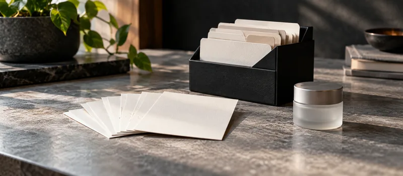Blank cards, a document organiser and a small sample jar on a desk.