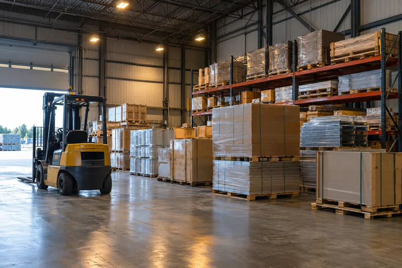 Mixed pallets and a parked forklift in a warehouse bay.