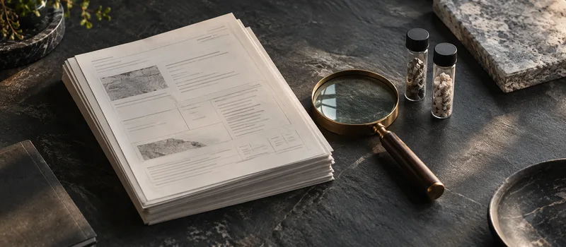 Specification papers, a magnifying glass and sealed sample vials on a desk.