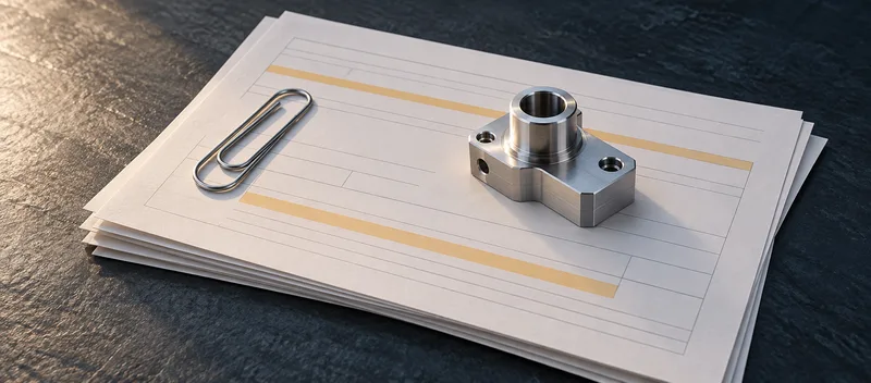 Paper revisions with abstract highlighted rules, a paper clip and a machined metal sample.