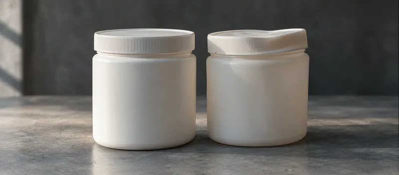 Two unlabelled plastic jars with different closures on a dark work surface.