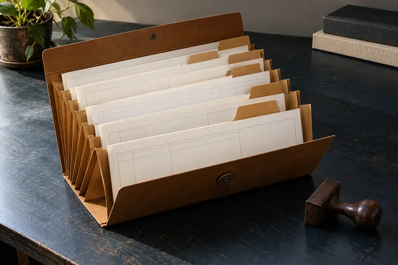 An open accordion folder containing ruled documents and tab dividers beside a wooden stamp.