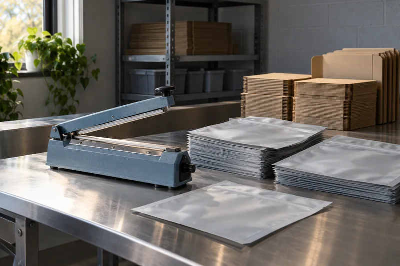 A manual sealing tool, cartons and stacked packaging materials on a stainless-steel bench.