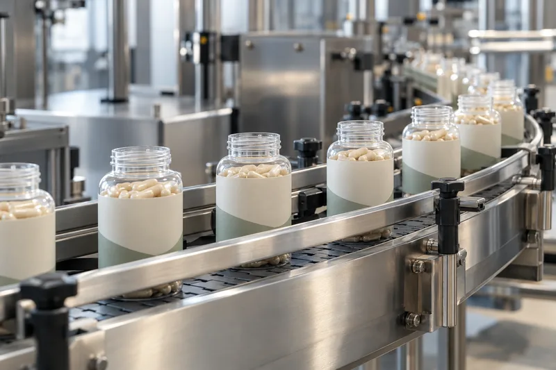 Open jars containing capsules on a stainless-steel packaging conveyor.