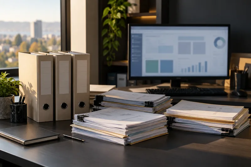 Specification binders and document stacks beside a desktop monitor.