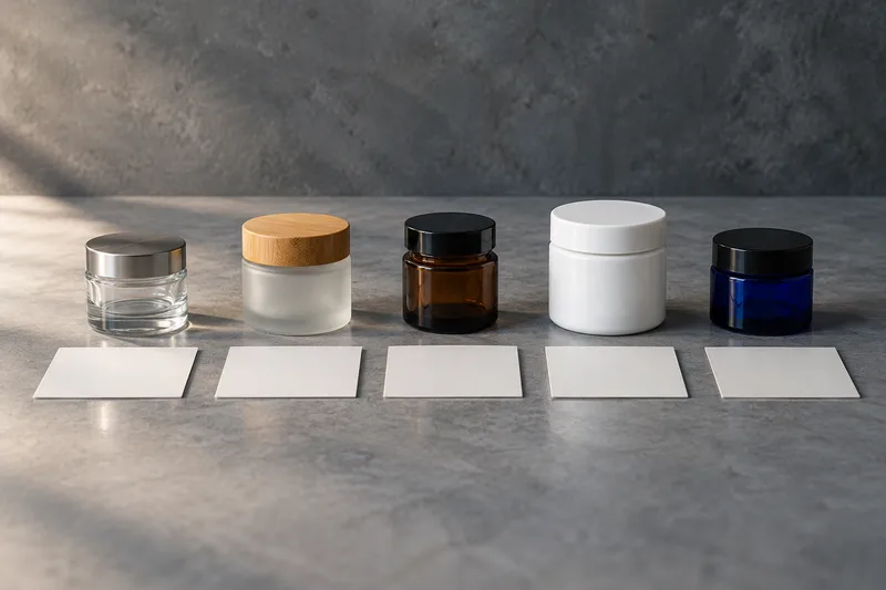 Five unbranded sample jars lined up with blank comparison cards.