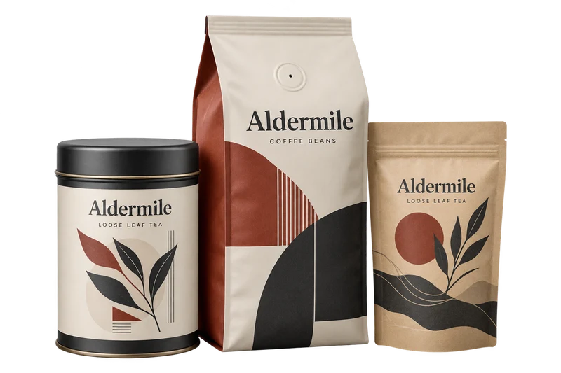 A coffee canister and two coffee and tea bags with fictional-brand artwork.