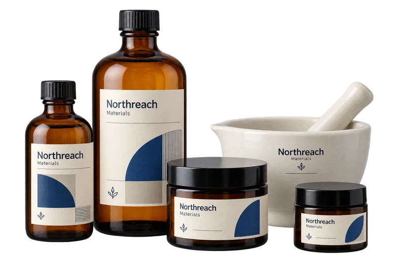 Amber bottles, capped ingredient jars, a mortar and pestle with fictional-brand labels.