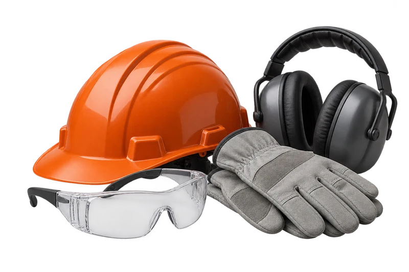 Unbranded industrial hard hat, safety glasses, work gloves and ear defenders.