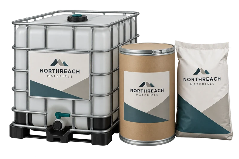 A bulk liquid container, ingredient drum and sealed sack with fictional-brand artwork.
