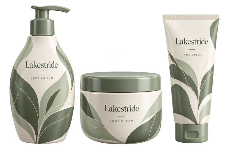 A pump bottle, cosmetic jar and tube with coordinated fictional-brand artwork.