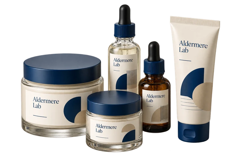 Dropper bottles, cosmetic jars and a tube with fictional-brand labels.