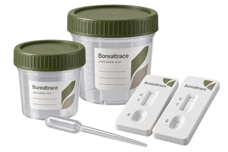 Specimen containers, diagnostic cassettes and a sample tube with fictional-brand labels.