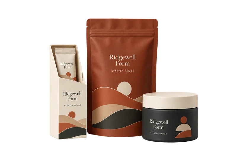 A sachet carton, pouch and capped jar with fictional-brand starter-range artwork.