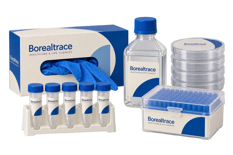 A glove box, sample tubes, reagent bottle, dishes and tip box with fictional-brand labels.