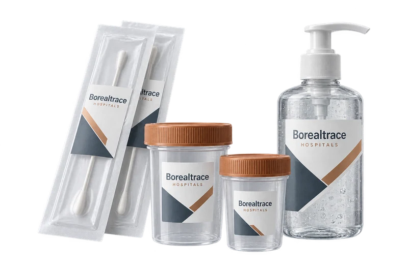 Sealed swab packs, sample containers and a pump bottle with fictional-brand artwork.