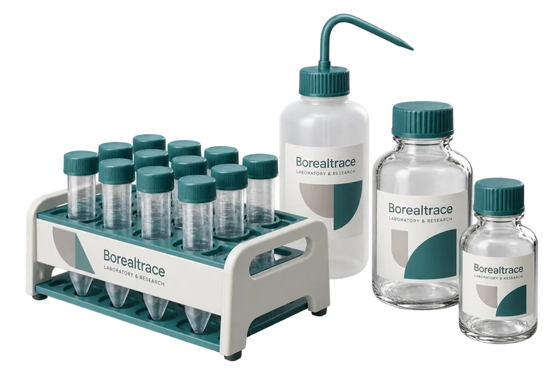 A sample-tube rack, wash bottle and reagent bottles with fictional-brand labels.