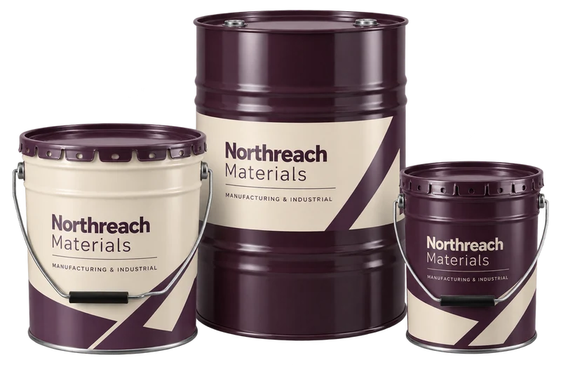 Three industrial drums and pails with fictional-brand artwork.