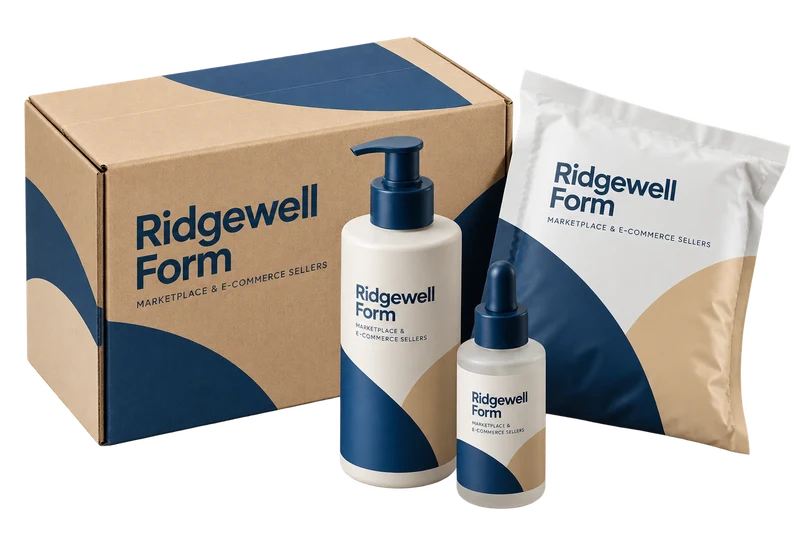 A shipping carton, pump bottle, dropper bottle and pouch with fictional-brand artwork.