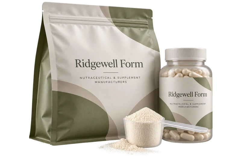A supplement pouch, capsule jar and powder scoop with fictional-brand labels.