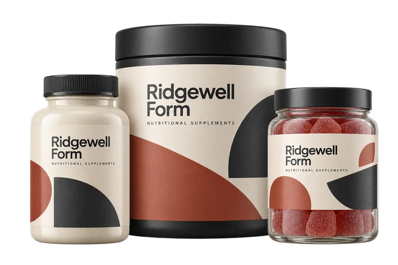 A powder tub, tablet bottle and gummy jar with fictional-brand supplement artwork.