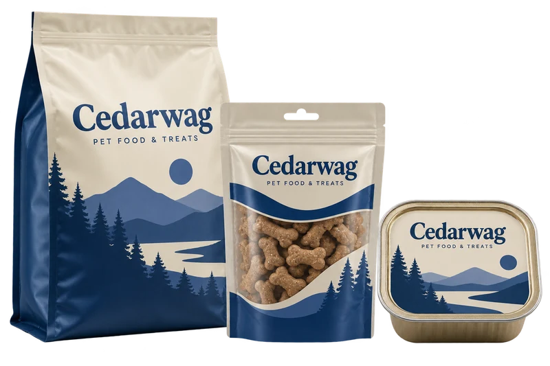 A pet-food bag, treat pouch and lidded tray with fictional-brand artwork.