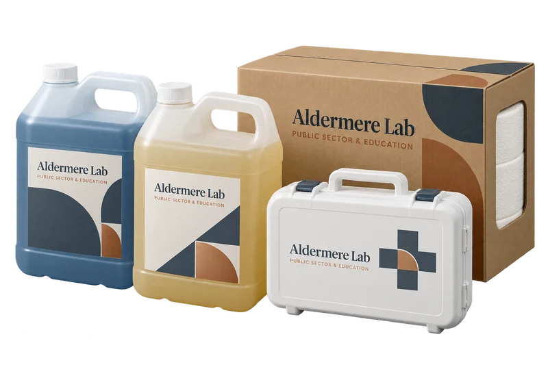 Two supply jugs, a carrying case and a carton with fictional-brand artwork.