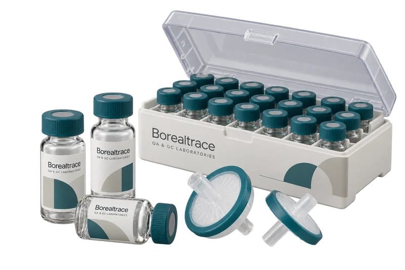 A sample-vial case, bottles and syringe filters with fictional-brand labels.