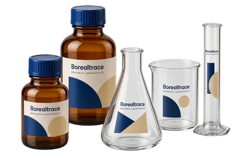 Reagent bottles, a flask, beaker and cylinder with fictional-brand laboratory artwork.
