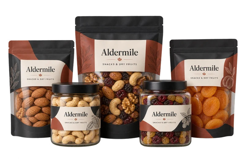 Nut and dried-fruit pouches and jars with fictional-brand artwork.