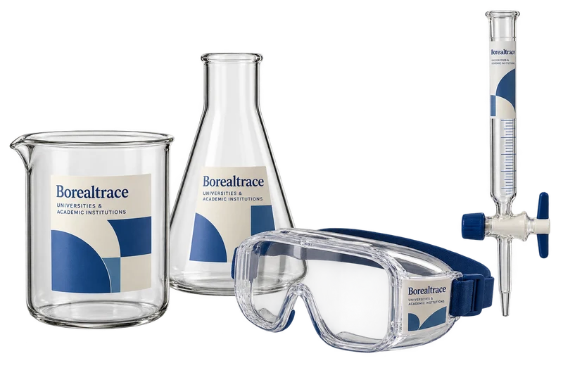 A beaker, flask, burette and safety goggles with fictional-brand laboratory artwork.