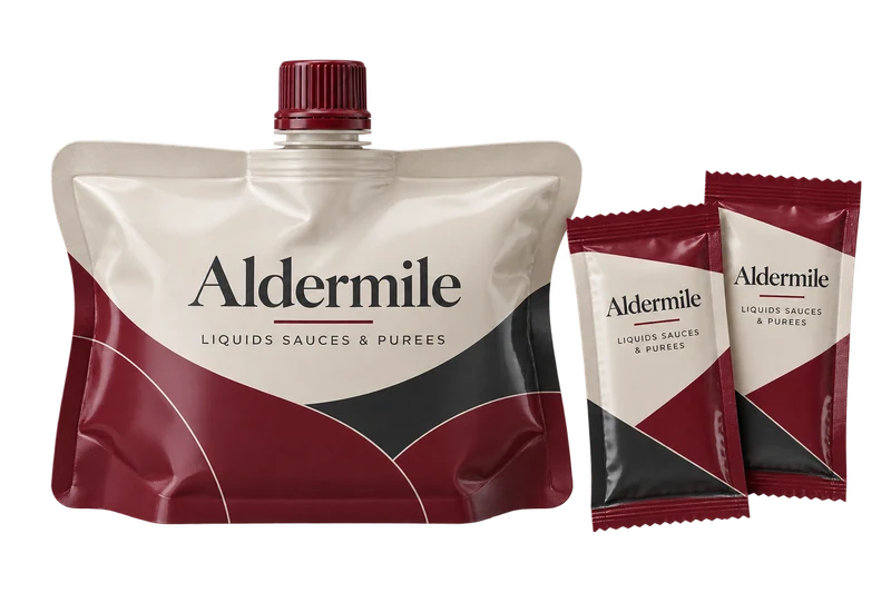 A spouted pouch and two sauce sachets with fictional-brand artwork.