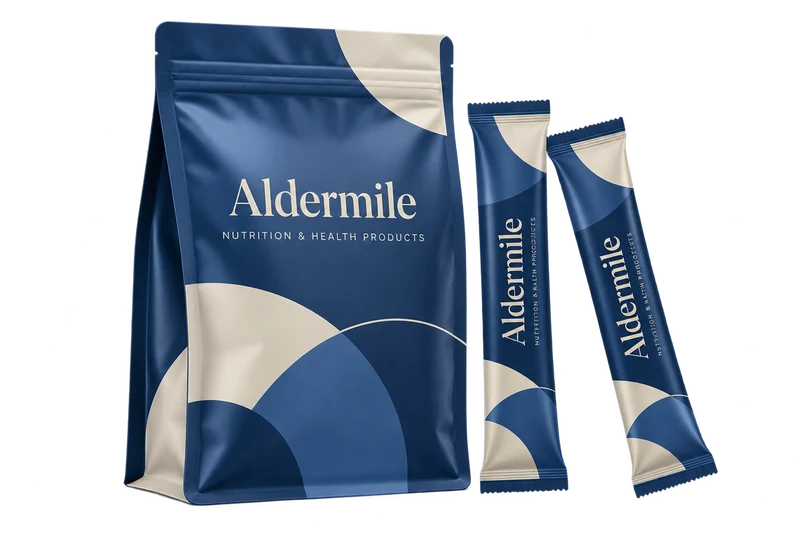 A tall nutrition pouch and two stick packs with fictional-brand artwork.
