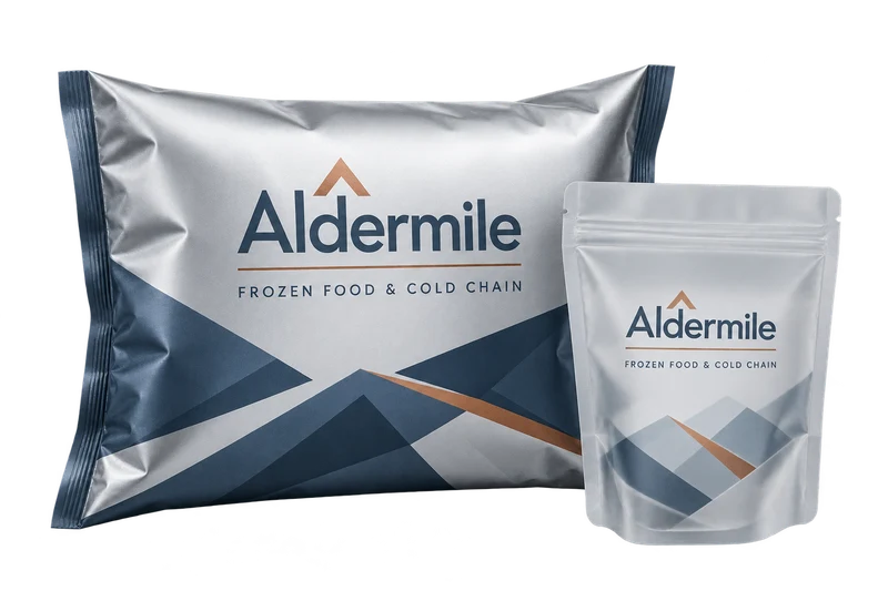 A silver pillow pack and frosted pouch with fictional-brand cold-chain packaging artwork.