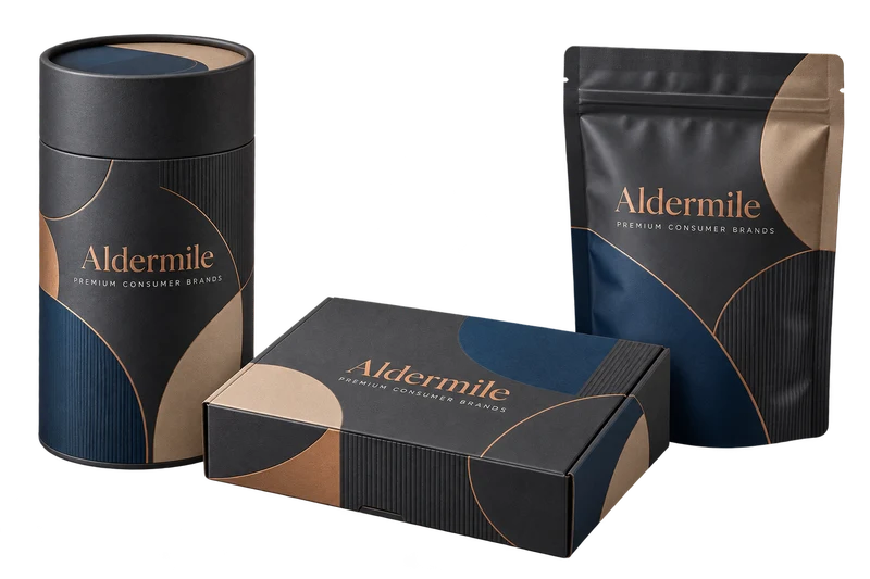 A gift tube, folding carton and soft-touch pouch with fictional-brand artwork.