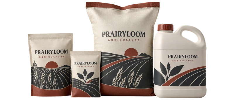Agricultural packets, a sealed sack and nutrient jug with fictional-brand artwork.