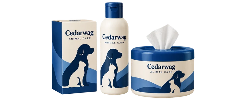 An animal-care carton, bottle and wipes tub with fictional-brand artwork.
