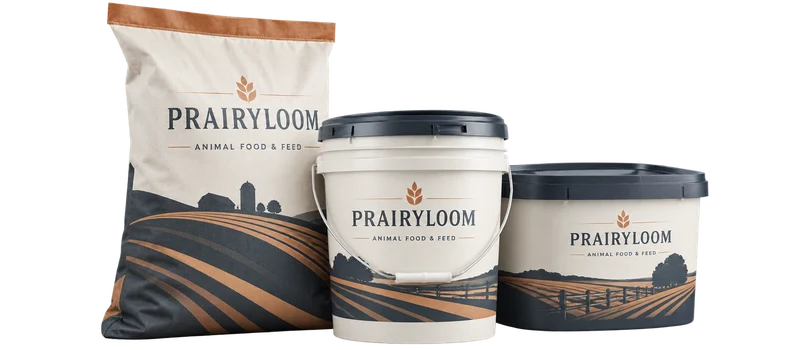 A feed sack, premix pail and low supplement tub with fictional-brand artwork.