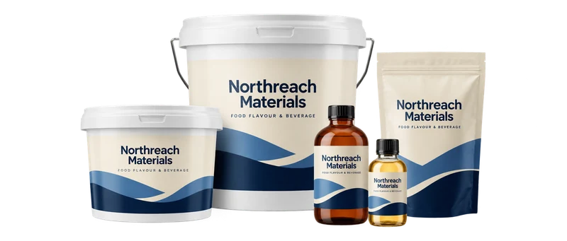 Ingredient pails, flavour bottles and a powder pouch with fictional-brand labels.