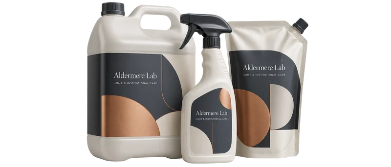 A cleaner jug, trigger bottle and refill pouch with fictional-brand artwork.