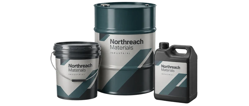 An industrial drum, grease pail and process-oil canister with fictional-brand artwork.