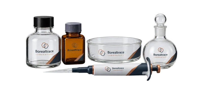 Two reagent bottles, a glass dish, short stoppered flask and pipette with fictional-brand artwork.