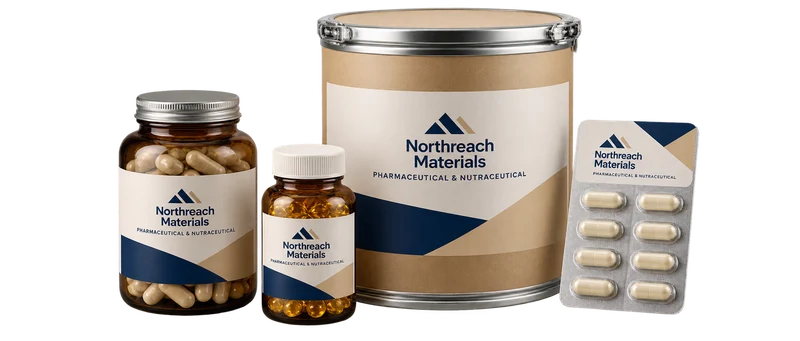 A fibre drum, capsule bottles and blister strip with fictional-brand artwork.