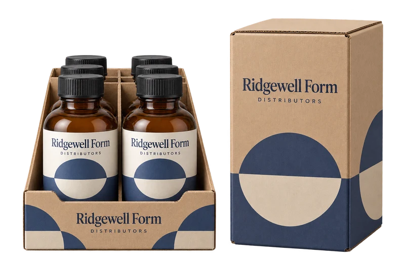 Bottles in a divided shipping tray beside a master carton with fictional-brand artwork.