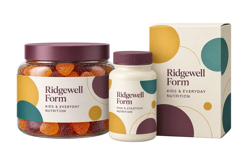 A gummy jar, tablet bottle and carton with fictional-brand nutrition artwork.