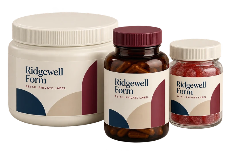 A powder tub, amber capsule bottle and gummy jar with fictional-brand retail artwork.