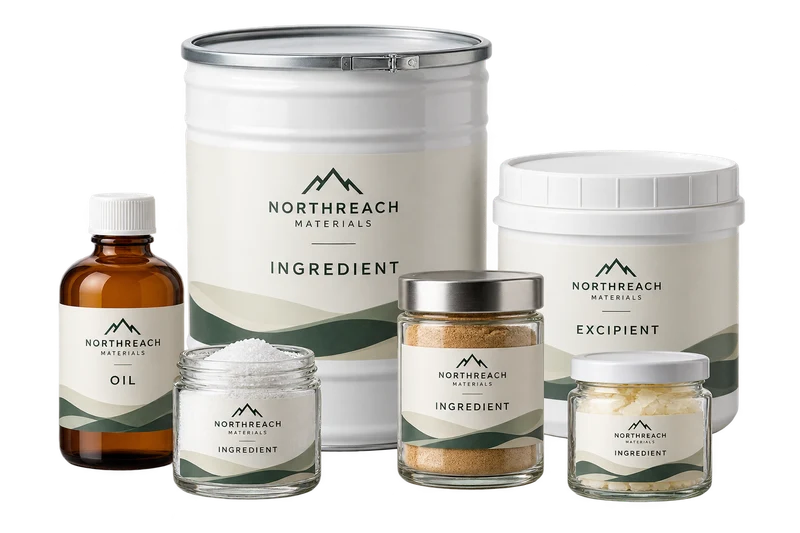 An ingredient drum, excipient container, oil bottle and crystalline, botanical and wax samples with fictional NORTHREACH MATERIALS artwork.