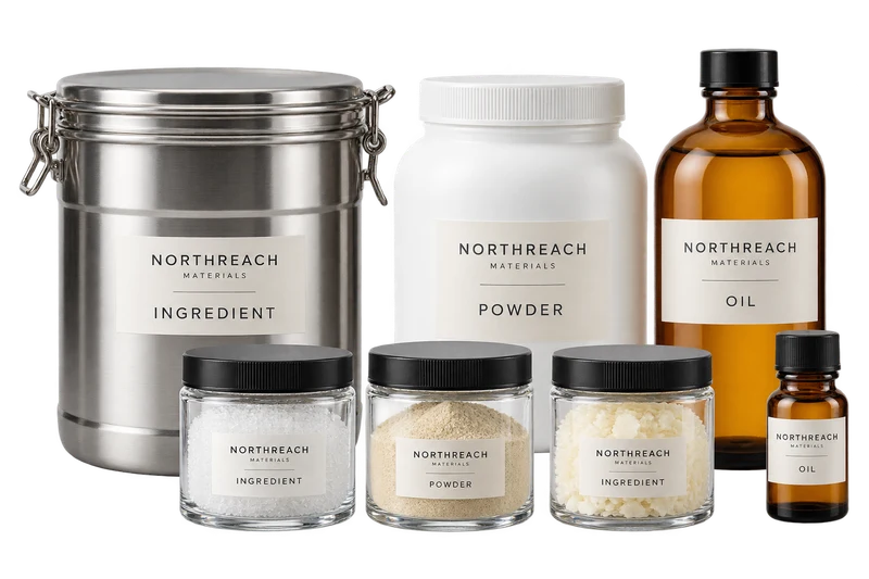 Ingredient canister, powder jar, oil bottles and samples of crystals, botanical powder and wax with fictional NORTHREACH MATERIALS artwork.