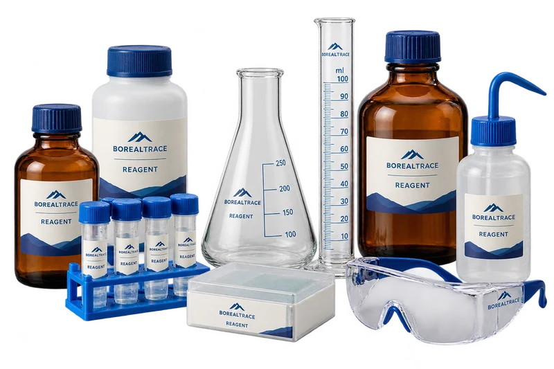 Reagent bottles, glassware, sample tubes, slide box, wash bottle and safety goggles with fictional BOREALTRACE artwork.