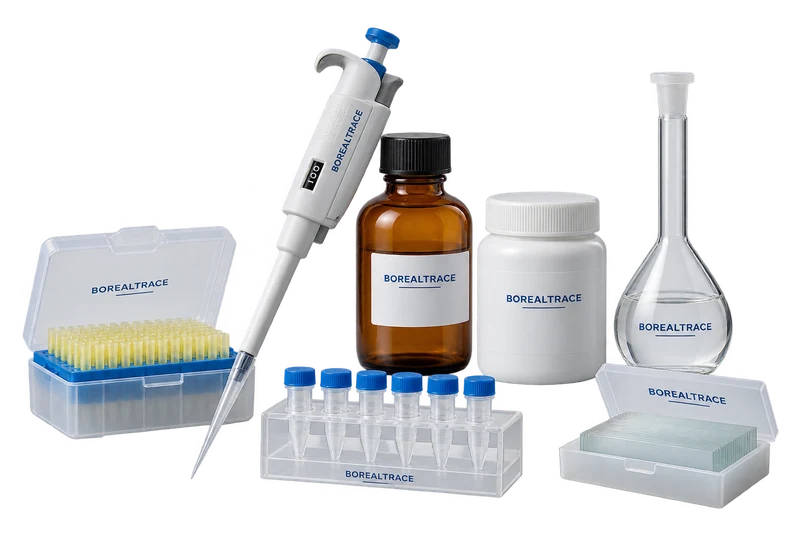 A straight micropipette, tip box, reagent containers, volumetric flask, conical tubes and slide box with fictional BOREALTRACE artwork.